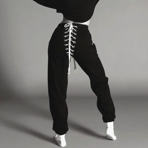 Samaria Leah Nicki Sweatpants XXL Black Lace-Up Back Joggers Hip Hop Streetwear - Picture 1 of 11